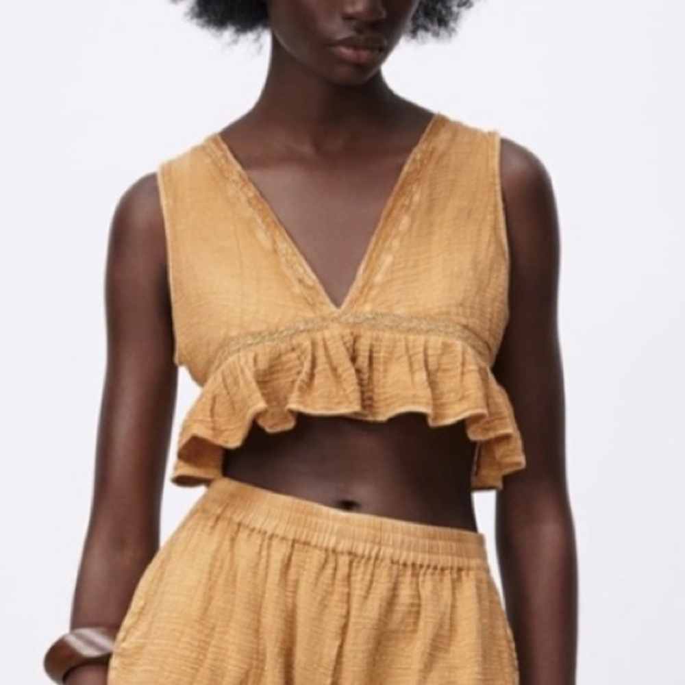 Zara V-neck Ruffled Peplum Crop Tank Top Gauzy Size Medium Boho Festival Beachy